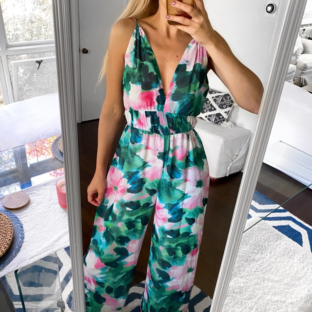 🦚 ZARA BOHO GREEN PINK MULTI FLORAL WIDE LEG JUMPSUIT!